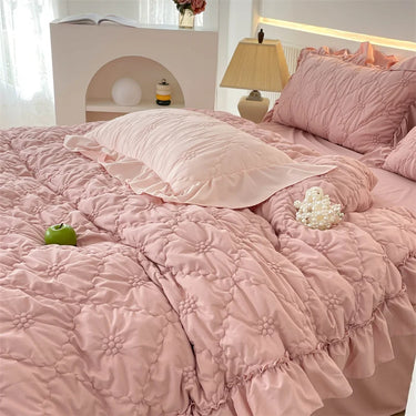 Pink Blue Korean Princess Twist Flowers Lace Ruffles Skin Friendly Bedding Set